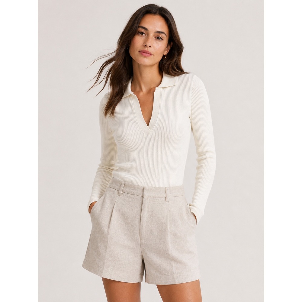 Madewell Womens Ribbed Polo Sweater XXS Cream Metallic V-Neck Long Sleeve Top